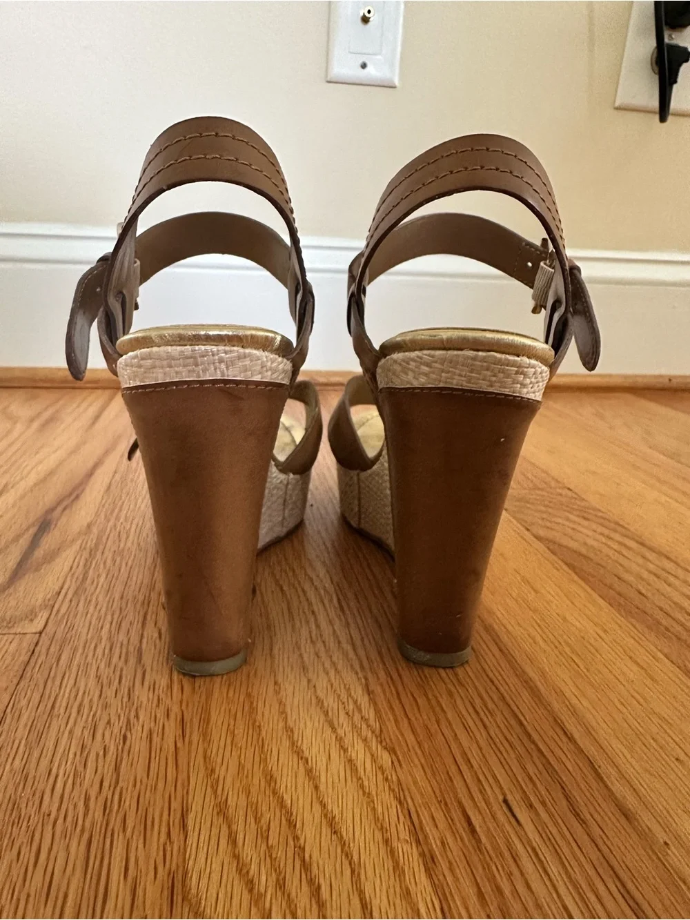 Audrey Brooke Tan Leather Crisscross Wedge Sandals